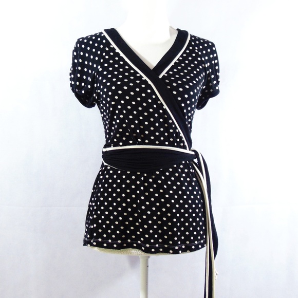 BCBGMaxAzria Tops - BCBGMaxazria black and white polka dot wrap top
